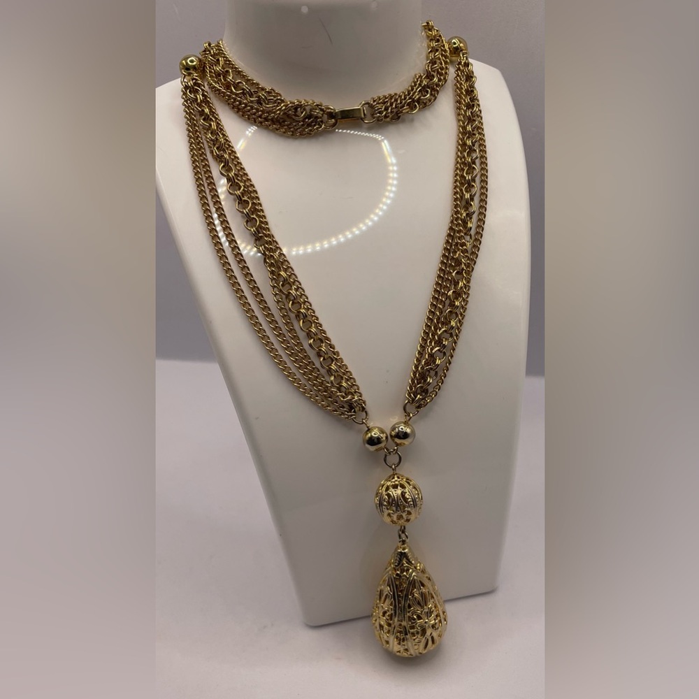 Vintage Gold Tone Festoon Multi Chain Necklace Filigree Sphere Tear Drop Pendant - Picture 8 of 8